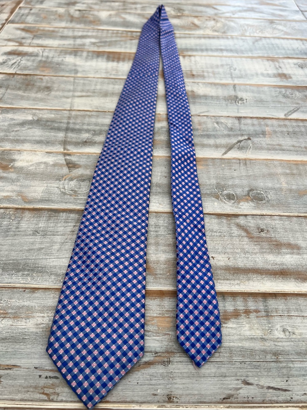 Michael Kors Men’s 100% Silk Tie Blue Pink Geometric Check Pattern Designer